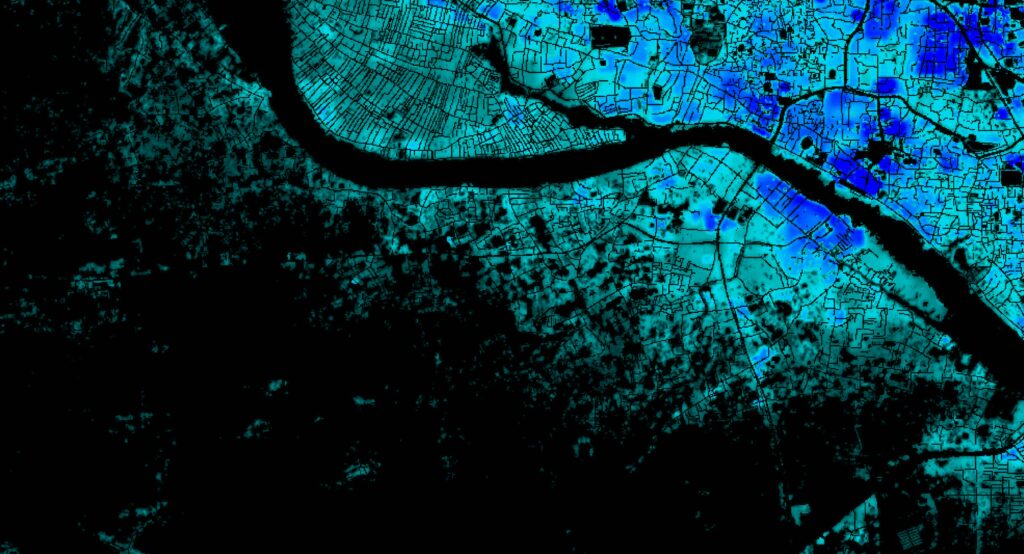 False color version of Marconcini, Mattia (2023): World Settlement Footprint (WSF) Population for Dhaka, Bangladesh. German Aerospace Center. Retrieved from the author.